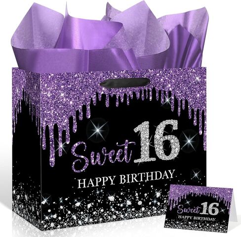 حقيبة هدايا Yoirrat Sweet 16 مع مناديل ورقية ملفوفة وبطاقة كبيرة باللون الأرجواني والأسود اللامع وحقائب هدايا عيد الميلاد السادس عشر السعيدة للفتيات، لوازم حفلات عيد الميلاد السادس عشر، هدايا لحفيدة الابنة in Saudi Arabia