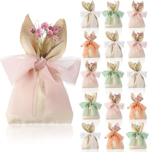 Affrolling 24 Set Easter Bunny Party Favor Bags Easter Burlap Gift Bag with Pastel Bow Ribbon and Artificial Flowers Rabbit Ears Treat Basket Stuffers Bulk for Kids Goodie Candy Hunt Stuffer Birthday in Saudi Arabia