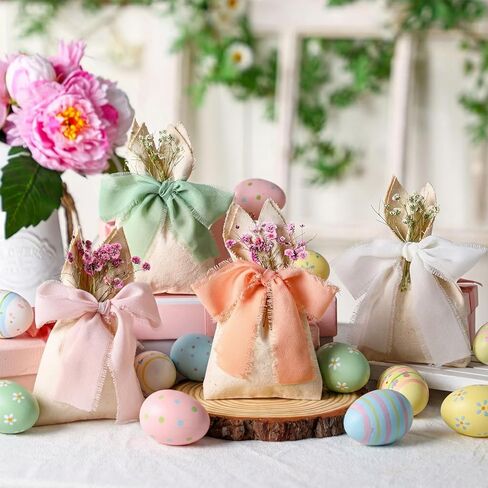 Affrolling 24 Set Easter Bunny Party Favor Bags Easter Burlap Gift Bag with Pastel Bow Ribbon and Artificial Flowers Rabbit Ears Treat Basket Stuffers Bulk for Kids Goodie Candy Hunt Stuffer Birthday in Saudi Arabia