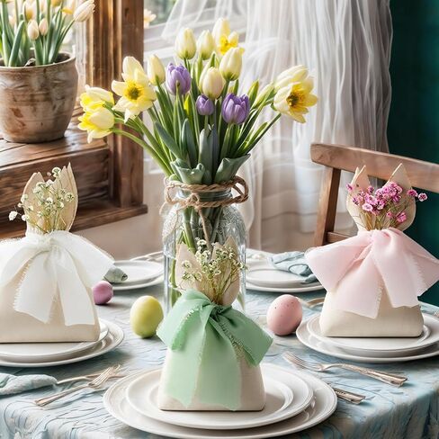 Affrolling 24 Set Easter Bunny Party Favor Bags Easter Burlap Gift Bag with Pastel Bow Ribbon and Artificial Flowers Rabbit Ears Treat Basket Stuffers Bulk for Kids Goodie Candy Hunt Stuffer Birthday in Saudi Arabia