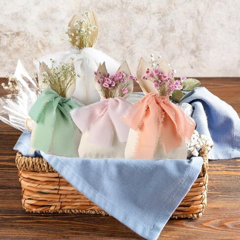 Affrolling 24 Set Easter Bunny Party Favor Bags Easter Burlap Gift Bag with Pastel Bow Ribbon and Artificial Flowers Rabbit Ears Treat Basket Stuffers Bulk for Kids Goodie Candy Hunt Stuffer Birthday in Saudi Arabia
