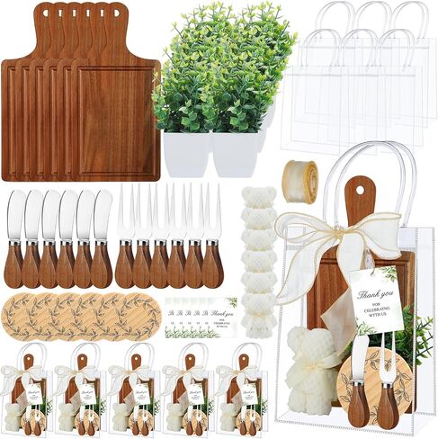 Honeydak 49 Pcs Baby Shower Prizes for Game Players 6 Set Cheese Board Fork Knives Coaster Towel Artificial Potted Plant Thanks Card Gift Bag for Baby Bridal Shower Wedding Favors (Acacia Wood) in Saudi Arabia