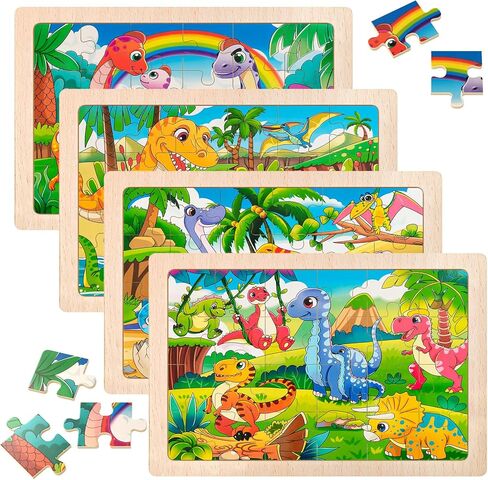 Wooden Jigsaw Puzzles for Kids Ages 3-6, 4 Pack with Dinosaurs Preschool Educational Toys, Toddler Puzzles Gift for 3 4 5 Year Old Boys Girls (Dinosaur) in Saudi Arabia