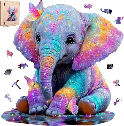 MEATRN Wooden Jigsaw Puzzle - Colorful Baby Elephant with Butterflies, 199 Pcs, 11.1x11.4 in, Animal Puzzles for Adults & Kids, Educational Brain Teaser Gift and Home Art Décor in Saudi Arabia