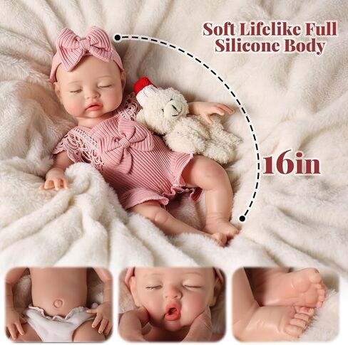 BABESIDE Reborn Baby Dolls سيليكون كامل الجسم - دمية طفلة واقعية نائمة مقاس 16 بوصة مع رموش متجذرة يدويًا، لمسة ناعمة، لهاية حقيقية وصندوق هدايا للأطفال بعمر 3 سنوات فما فوق in Kuwait
