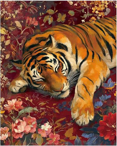 طقم طلاء نمر زهري أحمر عتيق من RLTXBUK بالأرقام للبالغين والأطفال المبتدئين من 4 إلى 12 عامًا، مجموعات طلاء زيتي على القماش مؤطرة لهدايا ديكور المنزل مقاس 16 × 20 بوصة in Kuwait