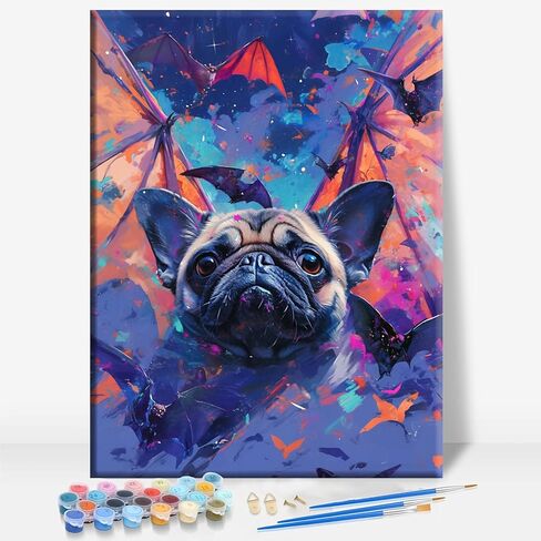 HUINORYA Black Pug Poker Night Pug Dog مؤطرة قماش DIY الطلاء بالأرقام عدة بار مقهى كهف غرفة المنزل جدار الحمام الشرفة الفناء ديكور هدية، 16 × 12 بوصة in Saudi Arabia