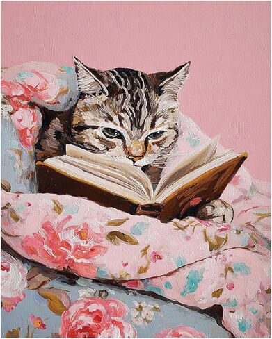 rltxbuk العتاب القط قراءة كتاب الطلاء بالأرقام عدة للبالغين المبتدئين والأطفال 4-12، القطط والكتاب عشاق الهدايا مجموعات الطلاء الزيتي DIY على قماش مؤطرة للمنزل غرفة الأطفال ديكور الشقة 16x20 في in Kuwait