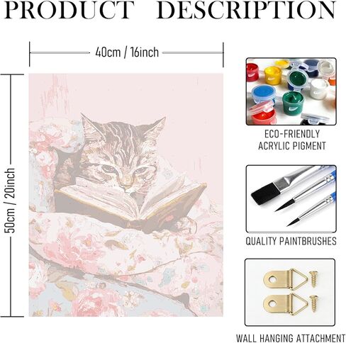 rltxbuk العتاب القط قراءة كتاب الطلاء بالأرقام عدة للبالغين المبتدئين والأطفال 4-12، القطط والكتاب عشاق الهدايا مجموعات الطلاء الزيتي DIY على قماش مؤطرة للمنزل غرفة الأطفال ديكور الشقة 16x20 في in Kuwait