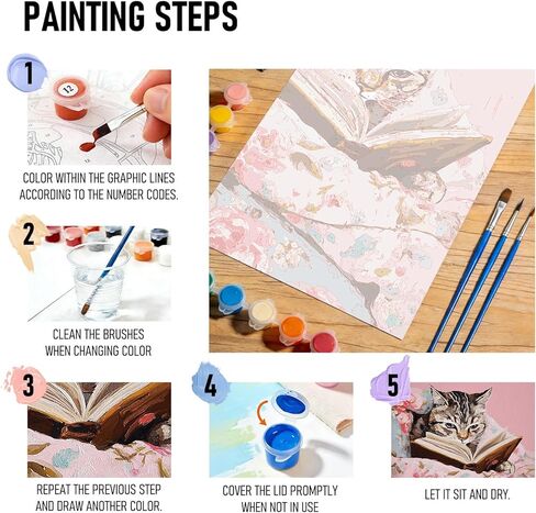 rltxbuk العتاب القط قراءة كتاب الطلاء بالأرقام عدة للبالغين المبتدئين والأطفال 4-12، القطط والكتاب عشاق الهدايا مجموعات الطلاء الزيتي DIY على قماش مؤطرة للمنزل غرفة الأطفال ديكور الشقة 16x20 في in Kuwait