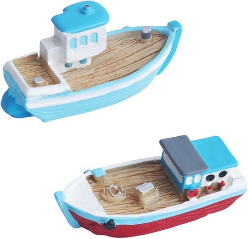 YXQ Mini Pontoon Boat 2Pcs Resin Fishing Boat Model Colorful Miniature Mediterranean Boat Ornament Ocean Beach Micro Landscape Decoration for Desktop Dollhouse Decor Accessories in Saudi Arabia