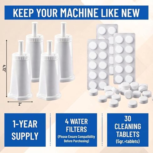 Remerry 4 Pack Replacement Water Filters with 30 Cleaning Tablets Compatible with Breville Espresso Machine Bes880, Barista Pro Bes878, Oracle Touch Bes990, Oracle Bes980, Dual Boiler Bes920 in Saudi Arabia