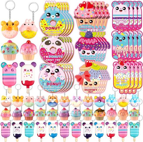 Quelay 36 Sets Valentines Day Cards for Kids Classroom with Scented Dessert Keychains Cute Toys Stress Relief Keychains Exchange Gift Prizes Party Favors for Boys Girls(Dessert) in Saudi Arabia