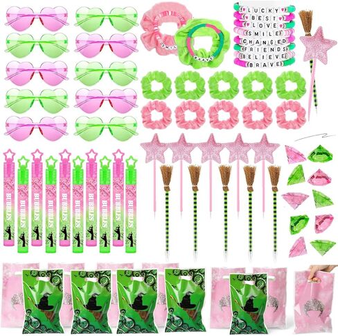 70Pcs Pink and Green Birthday Theme Party Favors, 10 Pack Glasses Star Broom Pens Bracelets Hair Bands Gift Goodie Bags Bubbles for Decor Decorations Supplies in Saudi Arabia