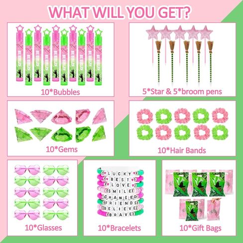 70Pcs Pink and Green Birthday Theme Party Favors, 10 Pack Glasses Star Broom Pens Bracelets Hair Bands Gift Goodie Bags Bubbles for Decor Decorations Supplies in Saudi Arabia