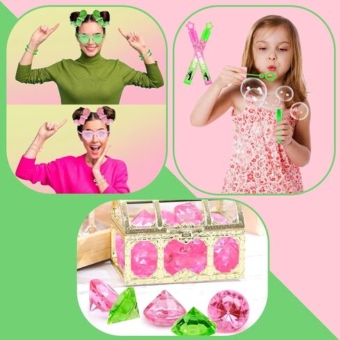 70Pcs Pink and Green Birthday Theme Party Favors, 10 Pack Glasses Star Broom Pens Bracelets Hair Bands Gift Goodie Bags Bubbles for Decor Decorations Supplies in Saudi Arabia