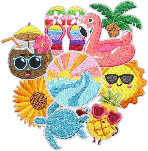 9PCS Hawaii Summer Iron on Patches, Cartoon Cute Turtle Coconut Sun Embroidered Repair Patches for Clothes, Custom Swan Applique for Hats, Jeans, Jackets, Bags, Backpacks, Dress, Shoes in Kuwait