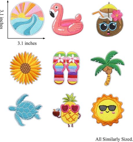 9PCS Hawaii Summer Iron on Patches, Cartoon Cute Turtle Coconut Sun Embroidered Repair Patches for Clothes, Custom Swan Applique for Hats, Jeans, Jackets, Bags, Backpacks, Dress, Shoes in Kuwait