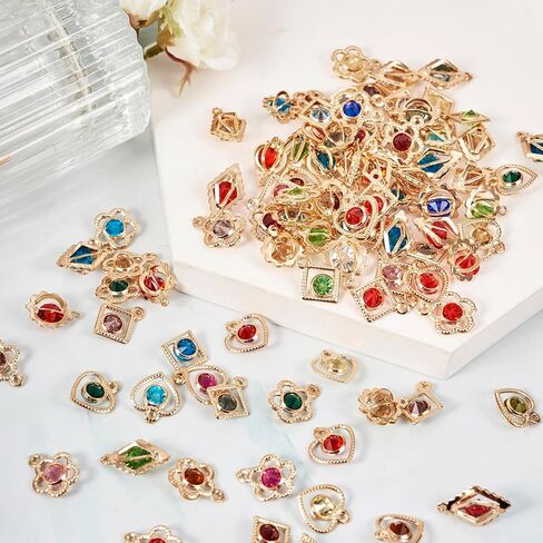 KISSITTY 100pcs Rhinestone Charms for Jewelry Making Heart Rhombus Flower Round Shape Light Gold Color Hollow Pendants Dangles for Women Necklaces Earrings Bracelets in Saudi Arabia