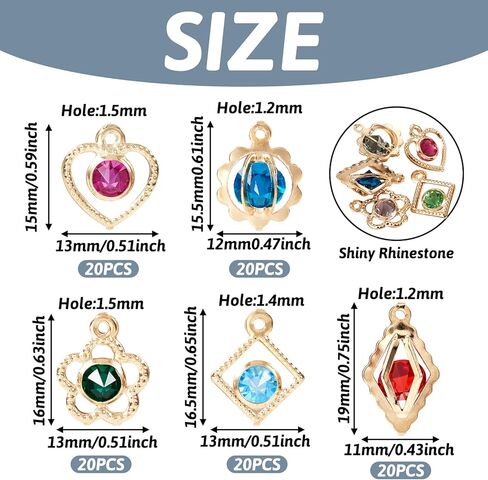 KISSITTY 100pcs Rhinestone Charms for Jewelry Making Heart Rhombus Flower Round Shape Light Gold Color Hollow Pendants Dangles for Women Necklaces Earrings Bracelets in Saudi Arabia