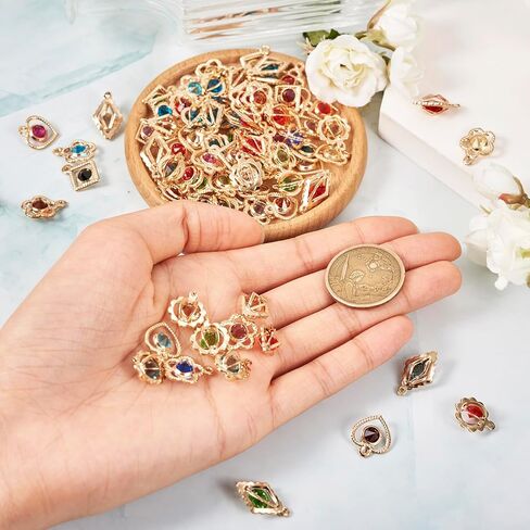 KISSITTY 100pcs Rhinestone Charms for Jewelry Making Heart Rhombus Flower Round Shape Light Gold Color Hollow Pendants Dangles for Women Necklaces Earrings Bracelets in Saudi Arabia