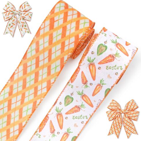 Threetols 2 Rolls 10 Yards Easter Wired Edge Ribbons, 2.5inch Orange Carrot Burlap Ribbon, Orange Buffalo Plaid Ribbon for Spring DIY Craft Wreath Bow Easter Party Decor in Saudi Arabia