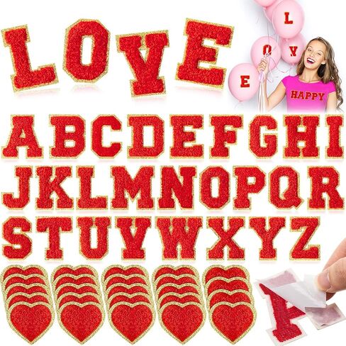 50 Pcs Valentine‘s Day Heart Chenille Letter Patches Red Patches Self Adhesive Letter Patches Heart Iron on Valentines Stickers for Clothing Fabric Embroidered Applique Initial Patch in Saudi Arabia