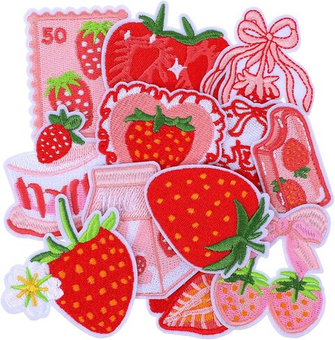 Strawberry Iron on Patches Cute Pink Fruit Cake Bow Strawberry Patch Kawaii Embroidered Applique Patches for Clothes Jackets Bags Backpacks Hats Dress DIY Preppy Patch, 12 Pcs in Kuwait