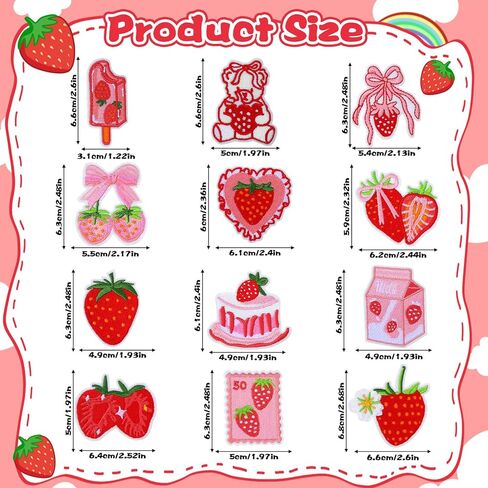 Strawberry Iron on Patches Cute Pink Fruit Cake Bow Strawberry Patch Kawaii Embroidered Applique Patches for Clothes Jackets Bags Backpacks Hats Dress DIY Preppy Patch, 12 Pcs in Kuwait