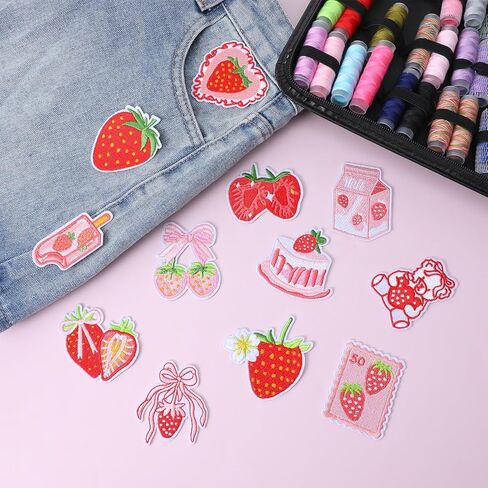 Strawberry Iron on Patches Cute Pink Fruit Cake Bow Strawberry Patch Kawaii Embroidered Applique Patches for Clothes Jackets Bags Backpacks Hats Dress DIY Preppy Patch, 12 Pcs in Kuwait