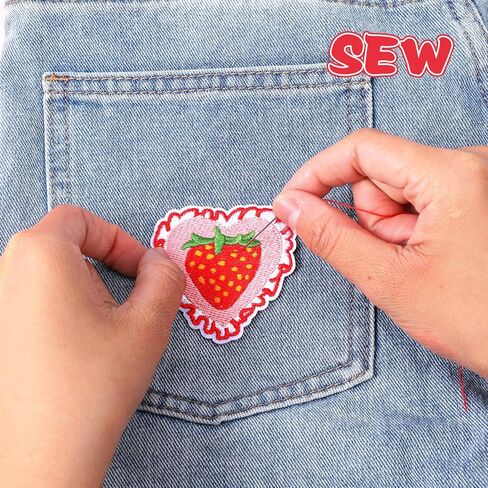 Strawberry Iron on Patches Cute Pink Fruit Cake Bow Strawberry Patch Kawaii Embroidered Applique Patches for Clothes Jackets Bags Backpacks Hats Dress DIY Preppy Patch, 12 Pcs in Kuwait