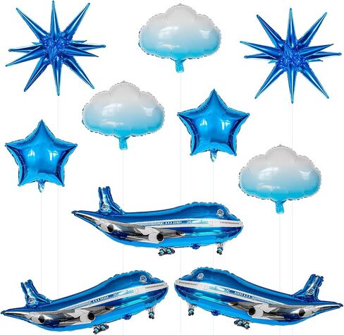 10 Pcs Large Airplane Party Balloons Set, Airplane Themed Foil Mylar Balloons for Baby Shower Toys Themed Party Birthday Decoration Supplies(Blue) in Saudi Arabia