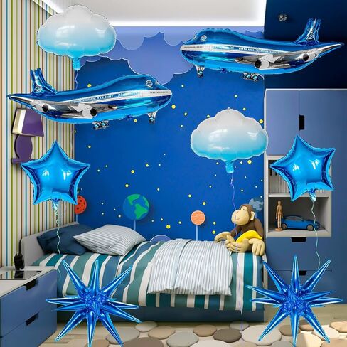 10 Pcs Large Airplane Party Balloons Set, Airplane Themed Foil Mylar Balloons for Baby Shower Toys Themed Party Birthday Decoration Supplies(Blue) in Saudi Arabia