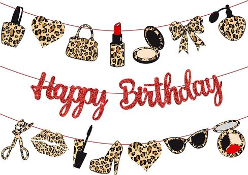 Leopard Print Happy Birthday Banners Red Glitter Cheetah Print Birthday Party Decorations 3PCS Cheetah Makeup Theme Hanging Cutout Banner for Girls Night Out Lady Bow Bachelorette Party Supplies in Saudi Arabia