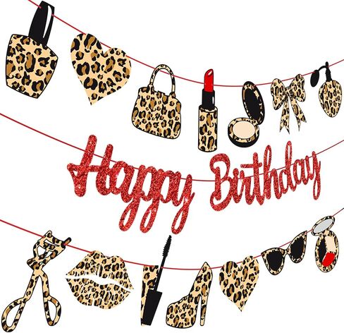 Leopard Print Happy Birthday Banners Red Glitter Cheetah Print Birthday Party Decorations 3PCS Cheetah Makeup Theme Hanging Cutout Banner for Girls Night Out Lady Bow Bachelorette Party Supplies in Saudi Arabia