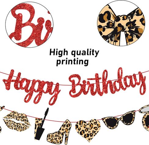 Leopard Print Happy Birthday Banners Red Glitter Cheetah Print Birthday Party Decorations 3PCS Cheetah Makeup Theme Hanging Cutout Banner for Girls Night Out Lady Bow Bachelorette Party Supplies in Saudi Arabia