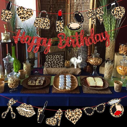 Leopard Print Happy Birthday Banners Red Glitter Cheetah Print Birthday Party Decorations 3PCS Cheetah Makeup Theme Hanging Cutout Banner for Girls Night Out Lady Bow Bachelorette Party Supplies in Saudi Arabia