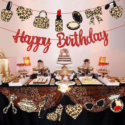Leopard Print Happy Birthday Banners Red Glitter Cheetah Print Birthday Party Decorations 3PCS Cheetah Makeup Theme Hanging Cutout Banner for Girls Night Out Lady Bow Bachelorette Party Supplies in Saudi Arabia