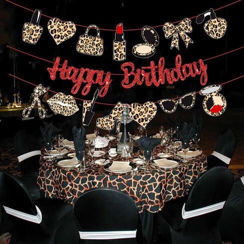 Leopard Print Happy Birthday Banners Red Glitter Cheetah Print Birthday Party Decorations 3PCS Cheetah Makeup Theme Hanging Cutout Banner for Girls Night Out Lady Bow Bachelorette Party Supplies in Saudi Arabia