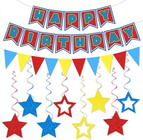 Cartoon Birthday Party Decorations, Dog Paw Print Happy Birthday Banner Colorful Triangle Bunting Banner and 8pcs Glitter Star Hanging Swirls Cartoon Dog Birthdays Decorations for Kids Boys Girls in Saudi Arabia