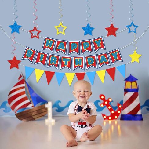 Cartoon Birthday Party Decorations, Dog Paw Print Happy Birthday Banner Colorful Triangle Bunting Banner and 8pcs Glitter Star Hanging Swirls Cartoon Dog Birthdays Decorations for Kids Boys Girls in Saudi Arabia