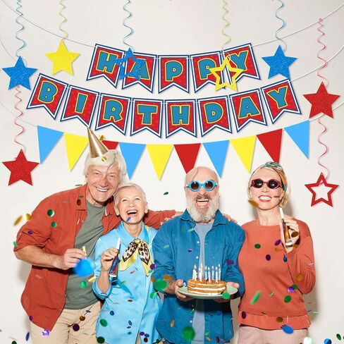 Cartoon Birthday Party Decorations, Dog Paw Print Happy Birthday Banner Colorful Triangle Bunting Banner and 8pcs Glitter Star Hanging Swirls Cartoon Dog Birthdays Decorations for Kids Boys Girls in Saudi Arabia