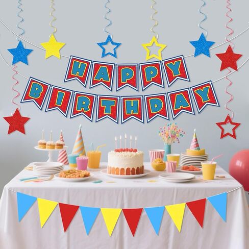 Cartoon Birthday Party Decorations, Dog Paw Print Happy Birthday Banner Colorful Triangle Bunting Banner and 8pcs Glitter Star Hanging Swirls Cartoon Dog Birthdays Decorations for Kids Boys Girls in Saudi Arabia