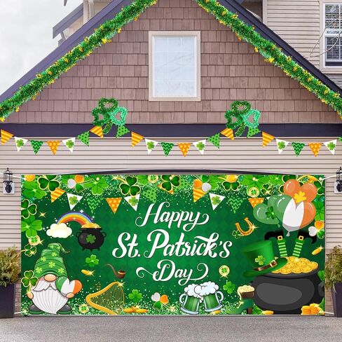 Avezano St. Patrick’s Day Garage Door Banner 6x13Ft Happy St Patricks Day Decorations Garage Door Cover Irish Gnome Shamrock Backdrop for St Patricks Day Party Outdoor Indoor in Saudi Arabia