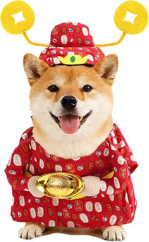 زي وقبعة God of Wealth للكلاب من SEIS، ملابس القطط للعام الجديد مع Yuan Bao، زي الحيوانات الأليفة لمهرجان الربيع والشتاء من أجل Teddy وSchnauzers وBichon Frises وShiba (مقاس صغير (مقاس الصدر 11"-18.8") in Kuwait
