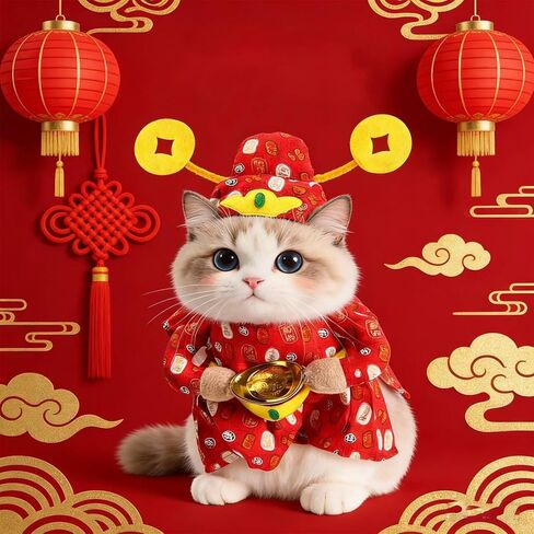 زي وقبعة God of Wealth للكلاب من SEIS، ملابس القطط للعام الجديد مع Yuan Bao، زي الحيوانات الأليفة لمهرجان الربيع والشتاء من أجل Teddy وSchnauzers وBichon Frises وShiba (مقاس صغير (مقاس الصدر 11"-18.8") in Kuwait