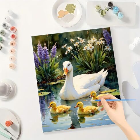 Animals Paint by Numbers Kit for Adults - DIY White Duck and Ducklings with Flowers Painting on Canvas 16x20In, Acrylic Paint Set, Suitable for Beginners, Art for Home Decoration or Gifts in Saudi Arabia