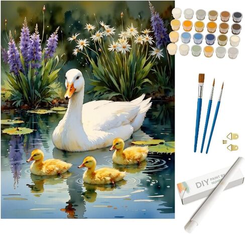 Animals Paint by Numbers Kit for Adults - DIY White Duck and Ducklings with Flowers Painting on Canvas 16x20In, Acrylic Paint Set, Suitable for Beginners, Art for Home Decoration or Gifts in Saudi Arabia
