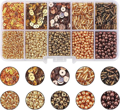 Gold Glass Seed Beads Tube Beads Set, 10 Types Assorted Glass Beads with Sequins for Jewelry Making, Seed Bead Kit for DIY Bracelets, Necklaces, Waist Bead Making Kit Craft Supplies (Gold) in Saudi Arabia