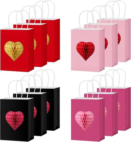 Eaasty 12 Pcs Valentine's Day Gift Bags with 3D Heart Honeycomb Large Galentines Gift Bag with Handle Colorful Kraft Paper Bags Heart Goodie Candy Tote for Valentines Wedding Party Favors Supplies in Saudi Arabia